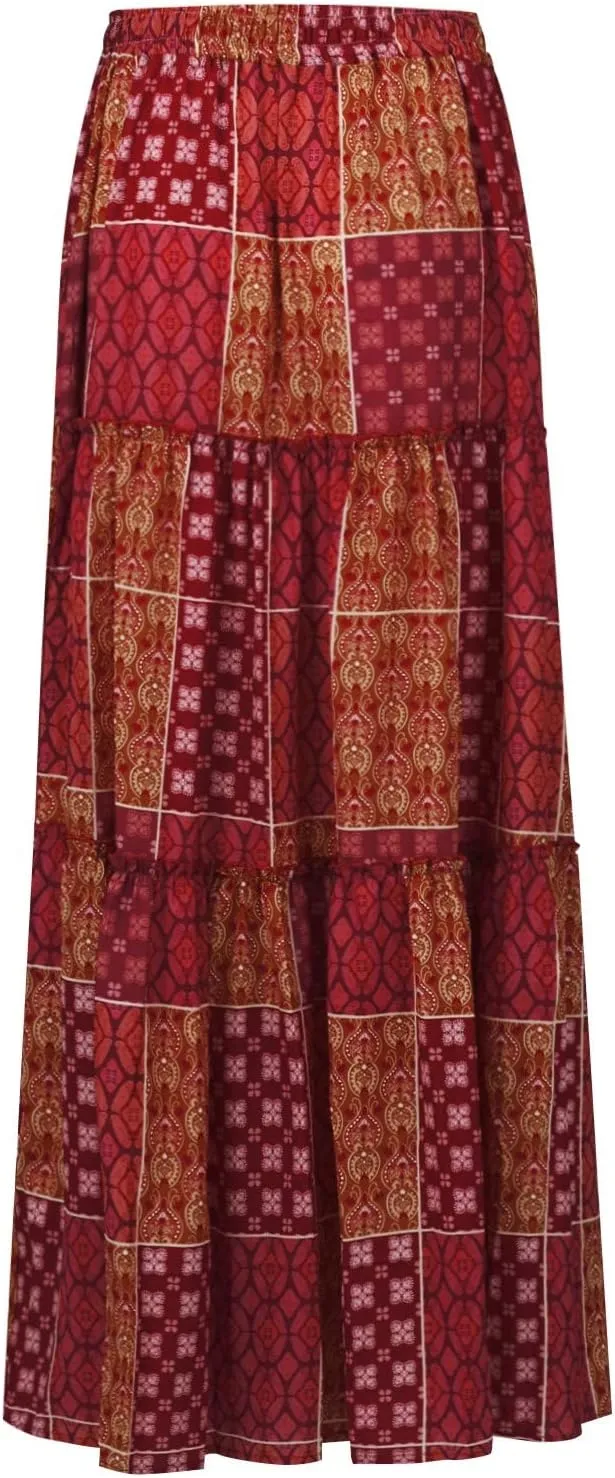 Women's Summer Skirts 2025 Loose Trendy Elastic High Waist Floral Print Boho Sun Beach Long Maxi Skirt, S-2XL