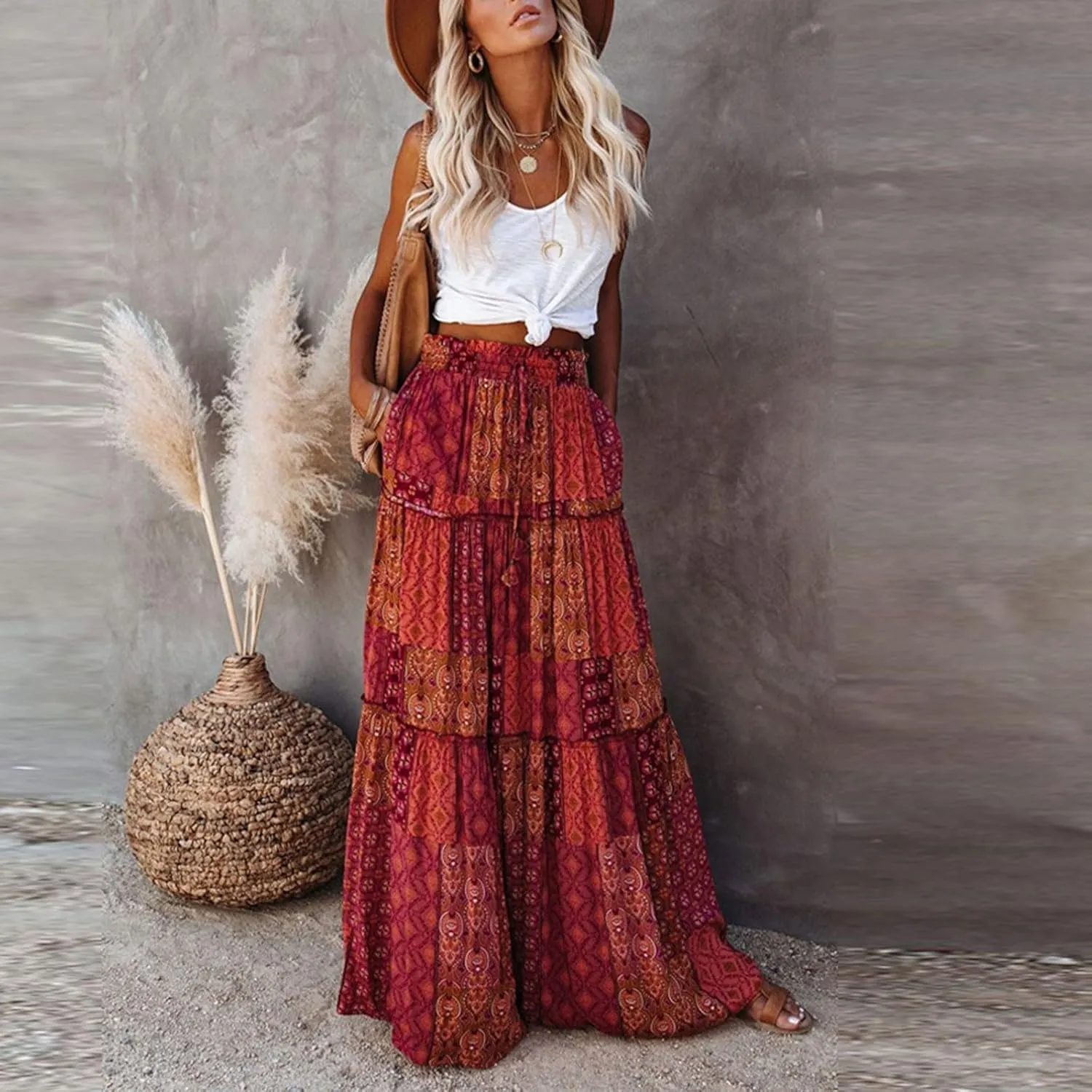 Women's Summer Skirts 2025 Loose Trendy Elastic High Waist Floral Print Boho Sun Beach Long Maxi Skirt, S-2XL