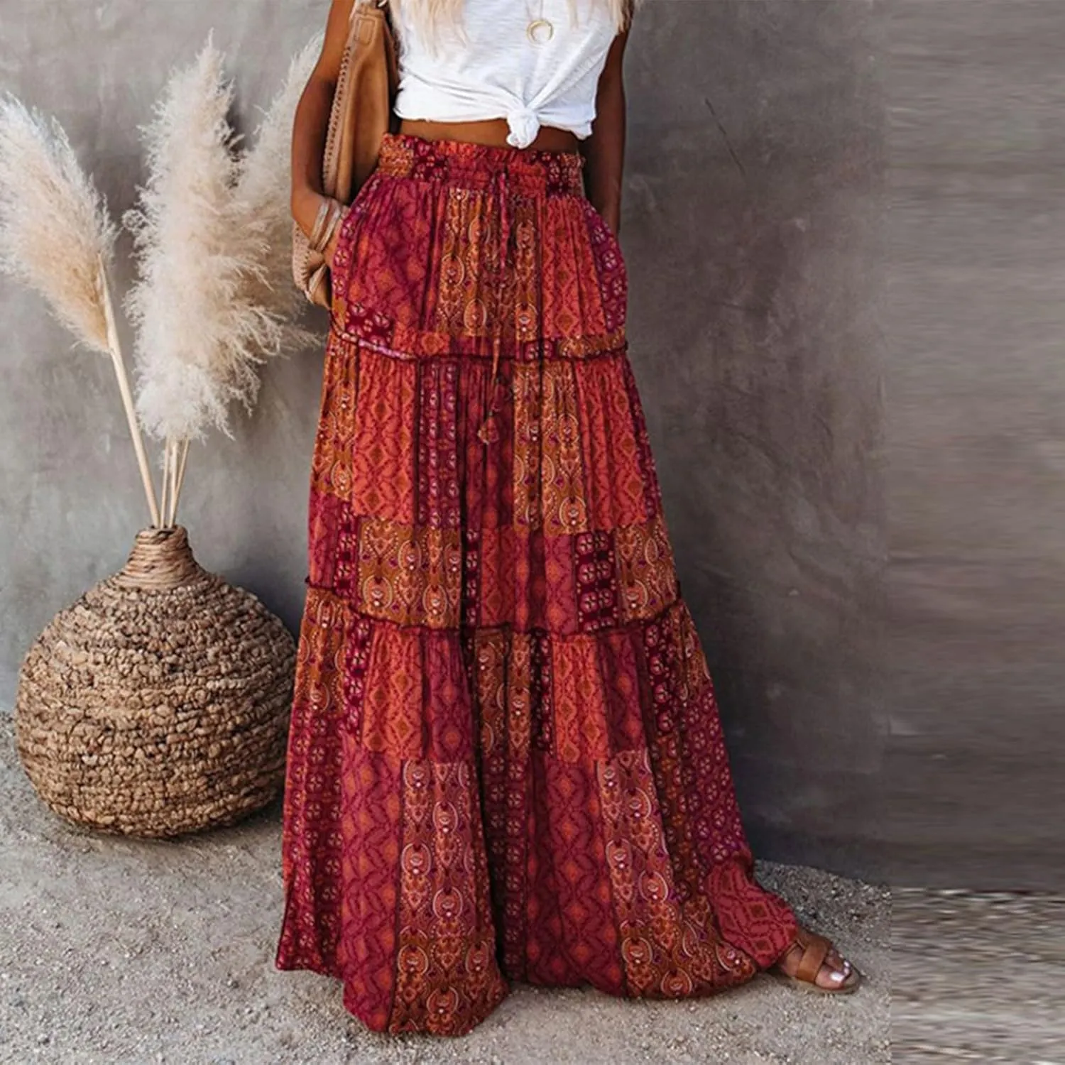 Women's Summer Skirts 2025 Loose Trendy Elastic High Waist Floral Print Boho Sun Beach Long Maxi Skirt, S-2XL