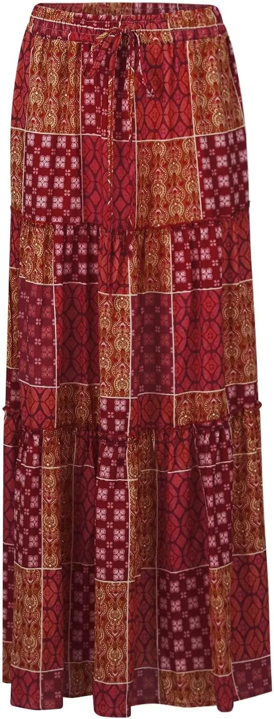 Women's Summer Skirts 2025 Loose Trendy Elastic High Waist Floral Print Boho Sun Beach Long Maxi Skirt, S-2XL