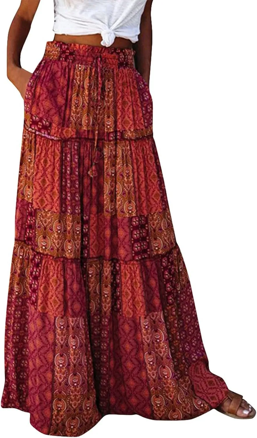 Women's Summer Skirts 2025 Loose Trendy Elastic High Waist Floral Print Boho Sun Beach Long Maxi Skirt, S-2XL