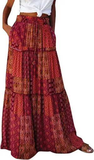 Women's Summer Skirts 2025 Loose Trendy Elastic High Waist Floral Print Boho Sun Beach Long Maxi Skirt, S-2XL