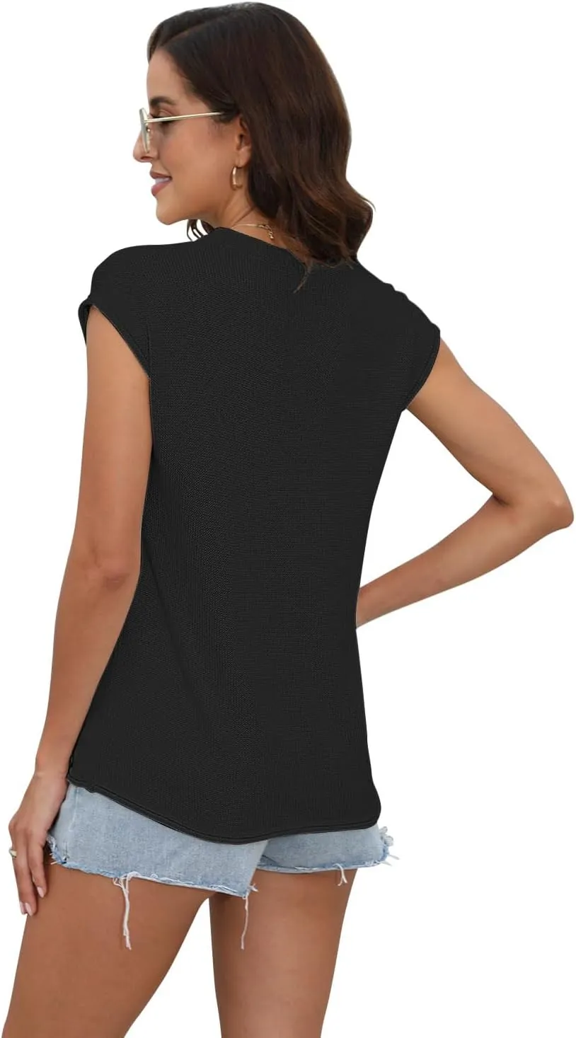Womens Summer Sweater Vest Cap Sleeve Crew Neck Casual Loose Fit Knit Lightweight Pullover Tank Top for Spring Summer