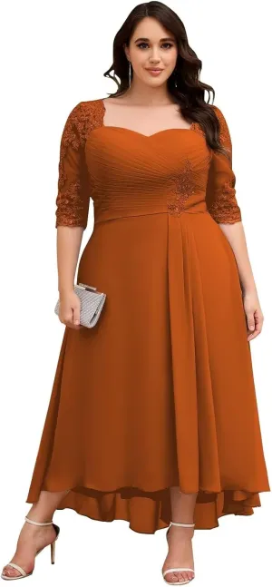Women's Tea Length Mother of The Bride Dresses for Wedding 3/4 Sleeve Lace Applique Formal Evening Dresses