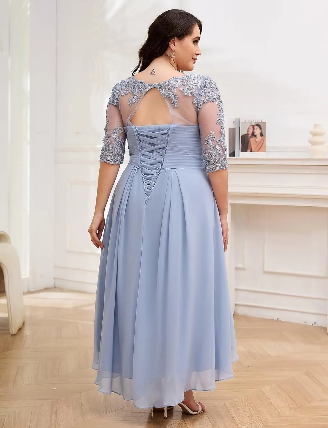 Women's Tea Length Mother of The Bride Dresses for Wedding 3/4 Sleeve Lace Applique Formal Evening Dresses