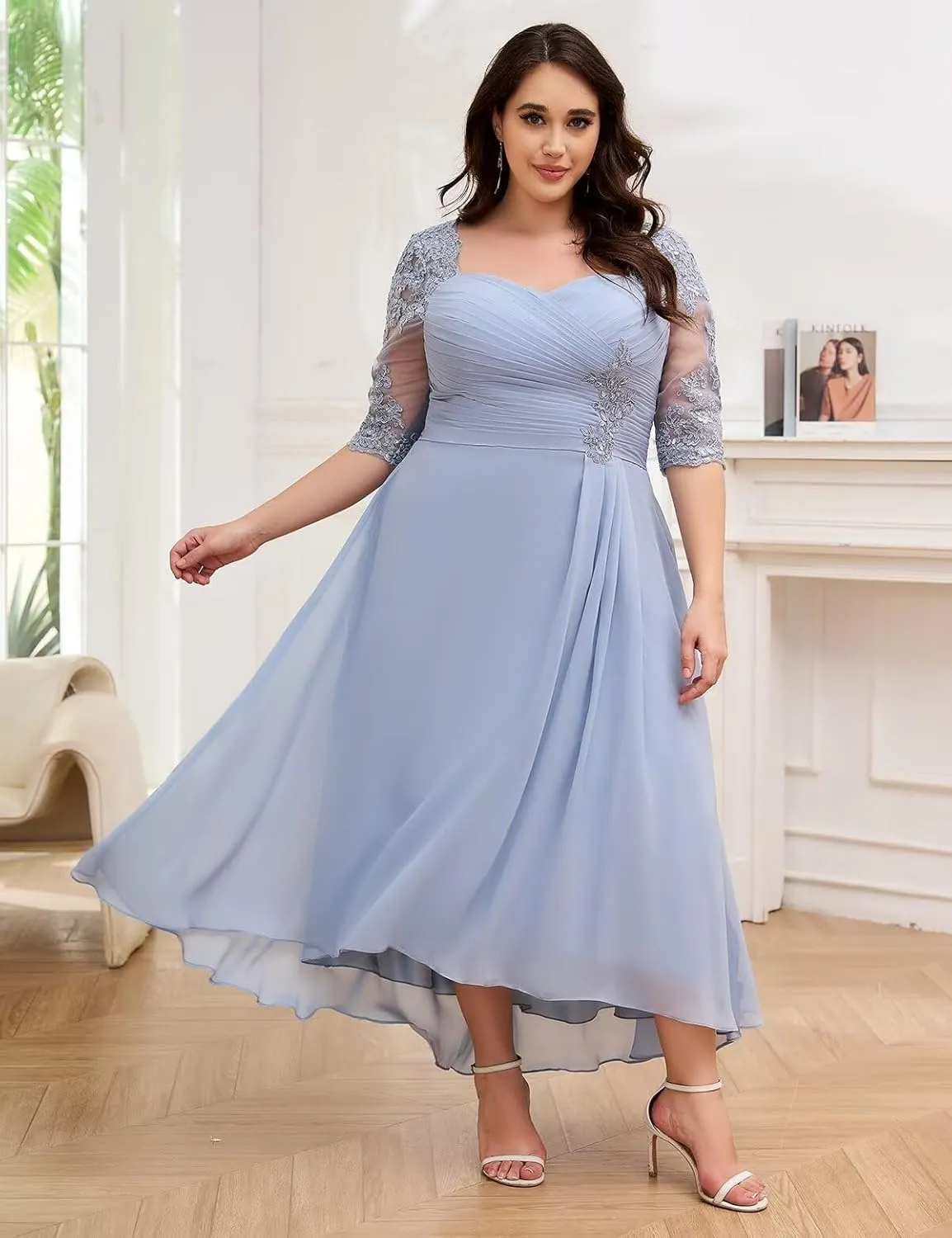 Women's Tea Length Mother of The Bride Dresses for Wedding 3/4 Sleeve Lace Applique Formal Evening Dresses