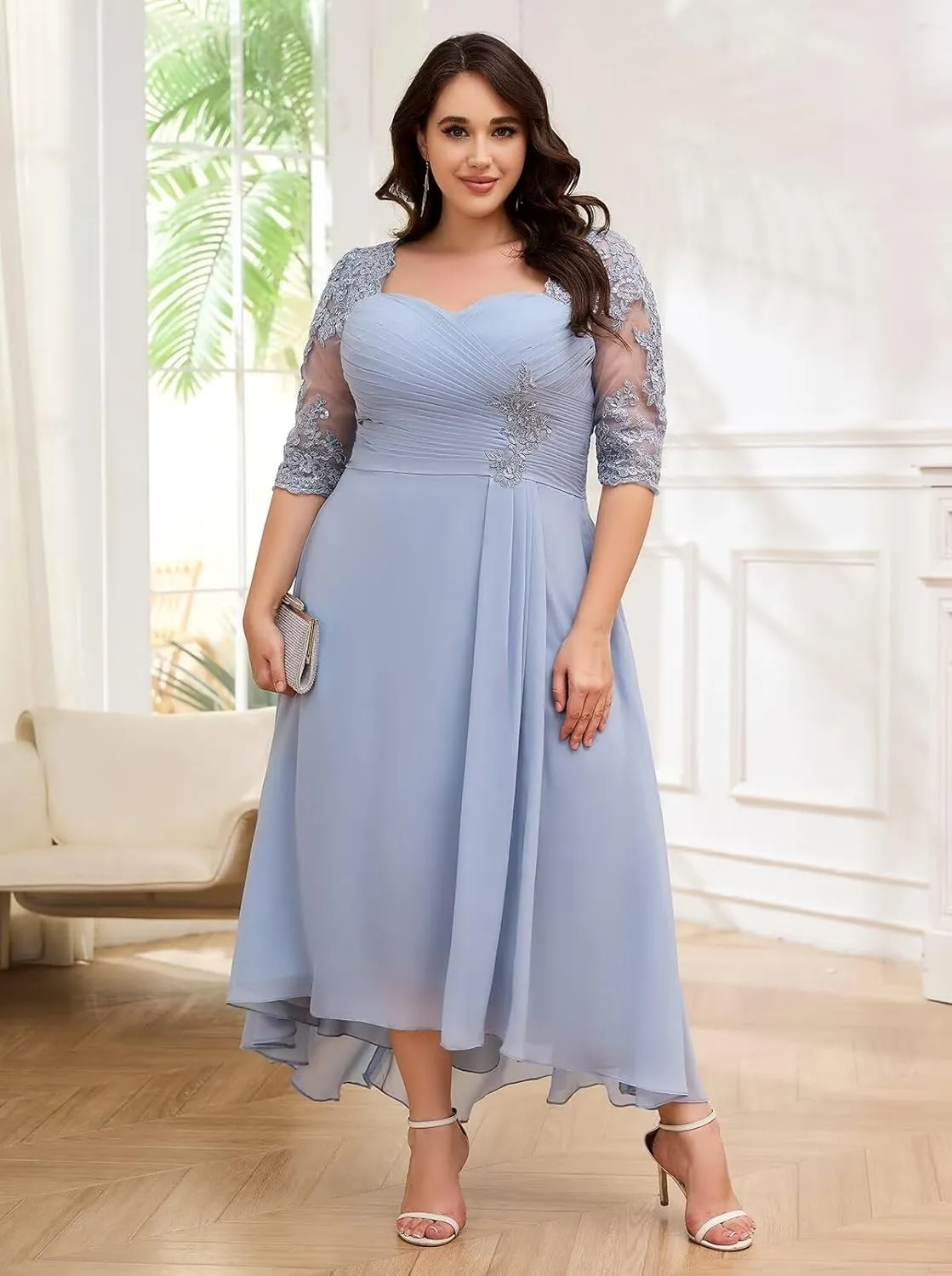 Women's Tea Length Mother of The Bride Dresses for Wedding 3/4 Sleeve Lace Applique Formal Evening Dresses