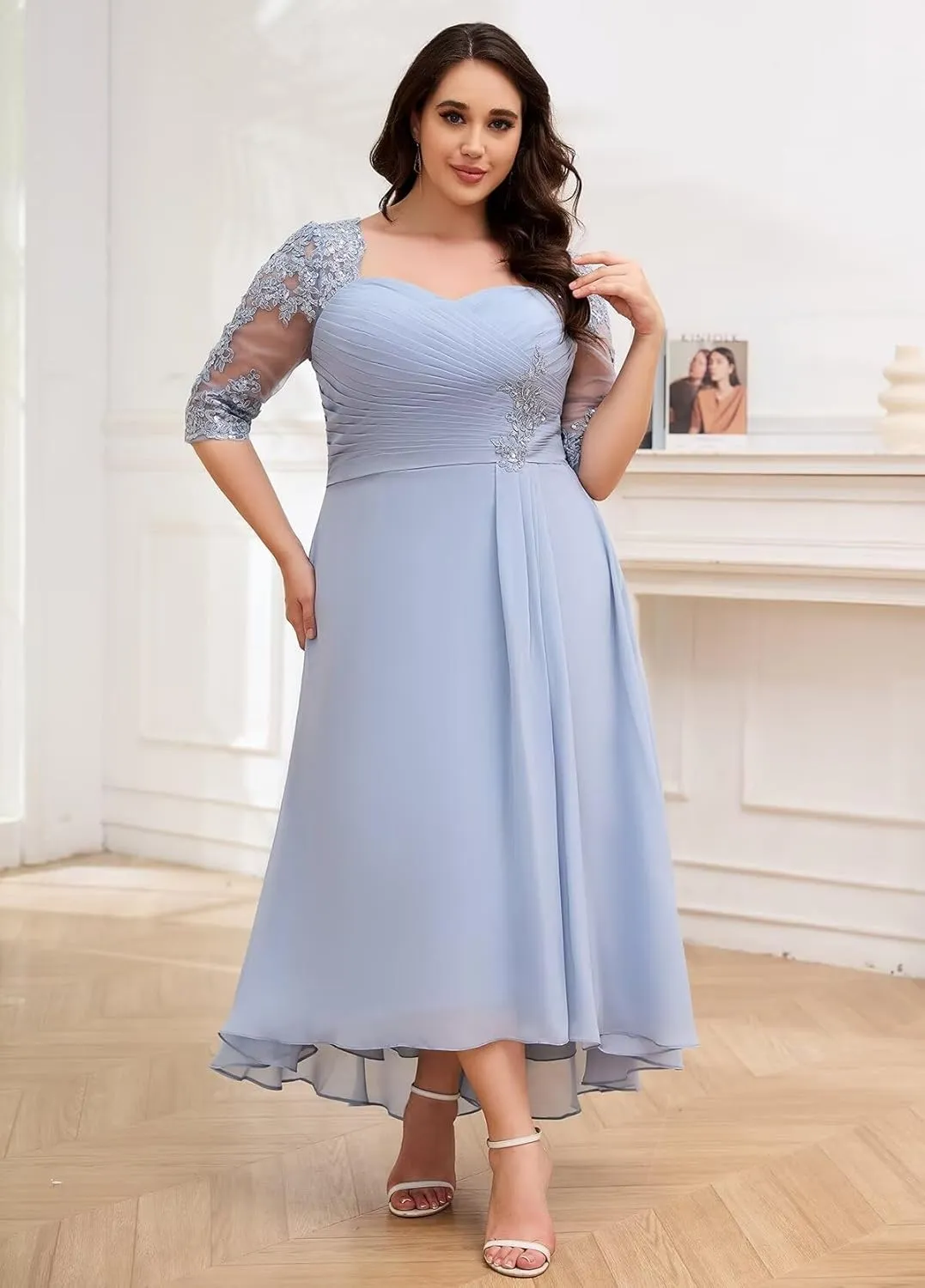 Women's Tea Length Mother of The Bride Dresses for Wedding 3/4 Sleeve Lace Applique Formal Evening Dresses