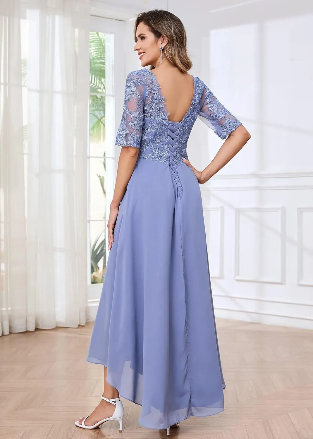 Women's Tea Length Mother of The Bride Dresses Half Sleeve Lace Applique V Neck Chiffon Formal Evening Dresses