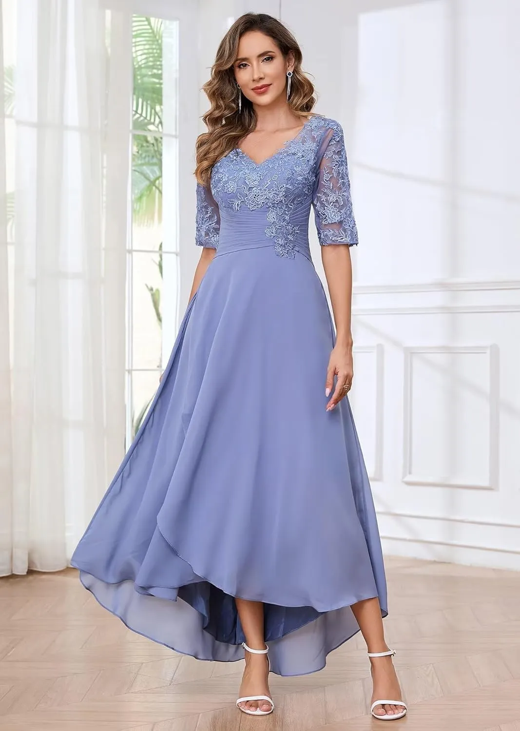 Women's Tea Length Mother of The Bride Dresses Half Sleeve Lace Applique V Neck Chiffon Formal Evening Dresses