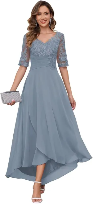Women's Tea Length Mother of The Bride Dresses Half Sleeve Lace Applique V Neck Chiffon Formal Evening Dresses