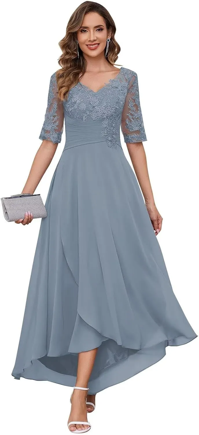 Women's Tea Length Mother of The Bride Dresses Half Sleeve Lace Applique V Neck Chiffon Formal Evening Dresses