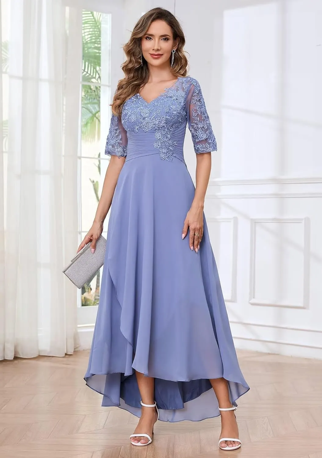 Women's Tea Length Mother of The Bride Dresses Half Sleeve Lace Applique V Neck Chiffon Formal Evening Dresses