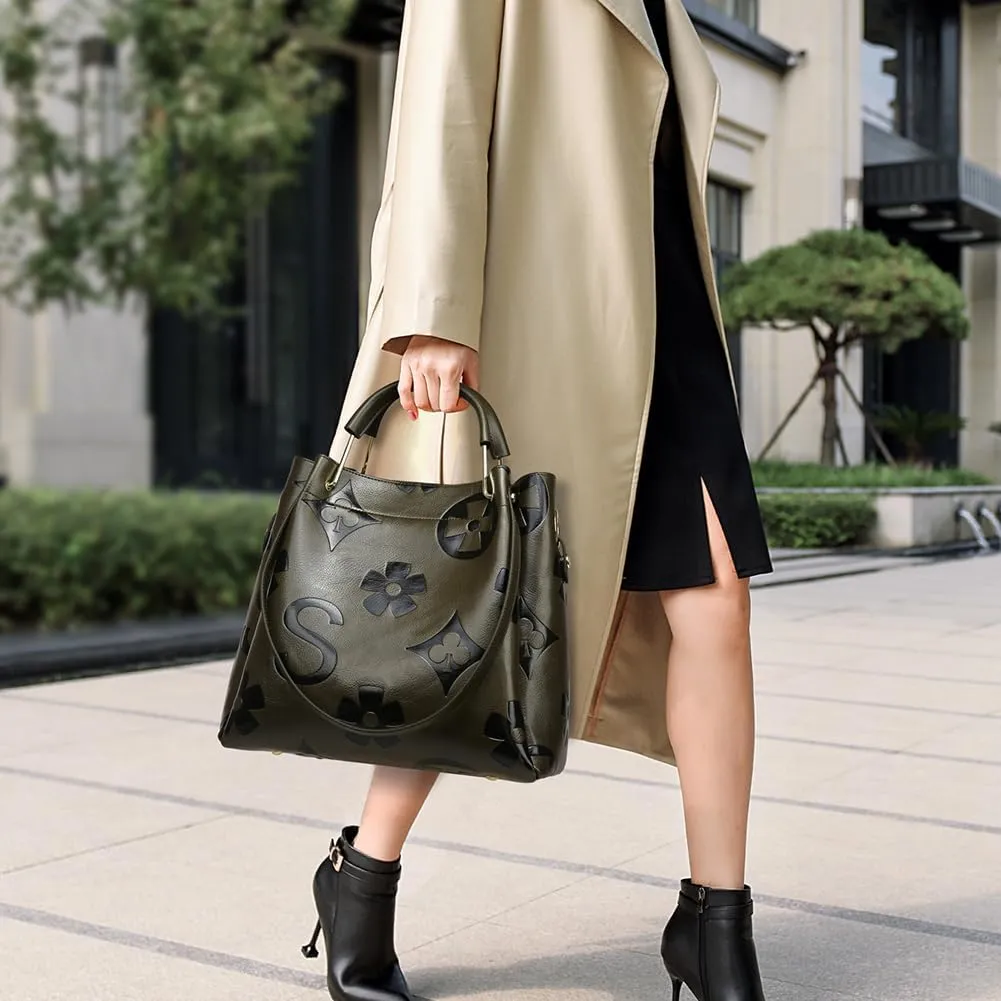 Women's Top Handle Handbags Leather Tote Bag for Women Trendy Bucket Bag Floral Embossed Shoulder Satchel Purses
