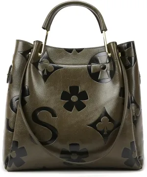 Women's Top Handle Handbags Leather Tote Bag for Women Trendy Bucket Bag Floral Embossed Shoulder Satchel Purses