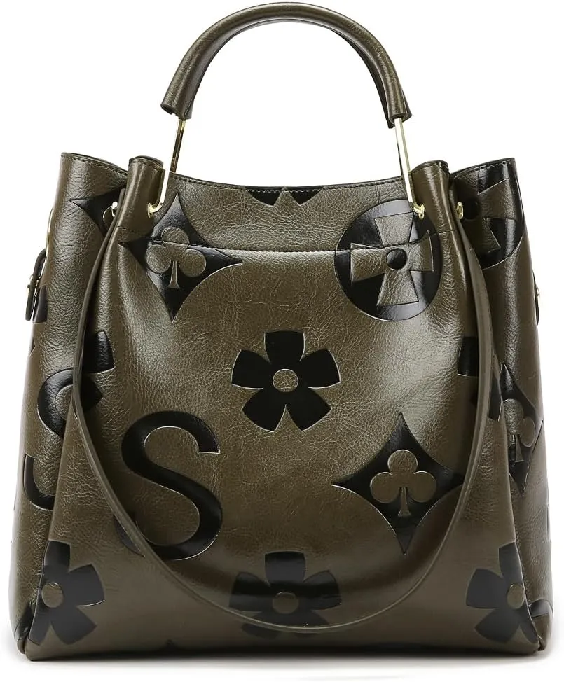 Women's Top Handle Handbags Leather Tote Bag for Women Trendy Bucket Bag Floral Embossed Shoulder Satchel Purses