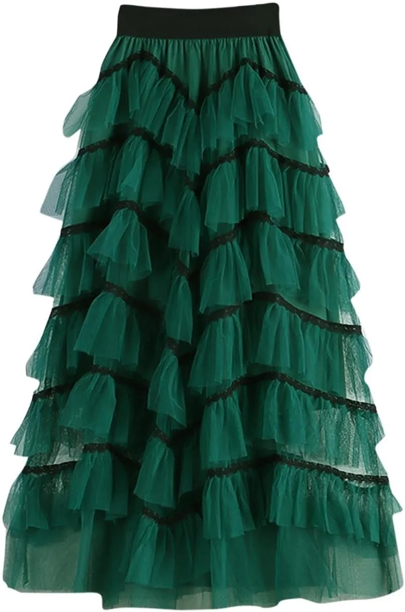 Women's Tulle Skirts Maxi Elastic Waist Cake Layered Ruffles Mesh Long Tiered Skirt Flowy A-Line Party Tutu Skirts