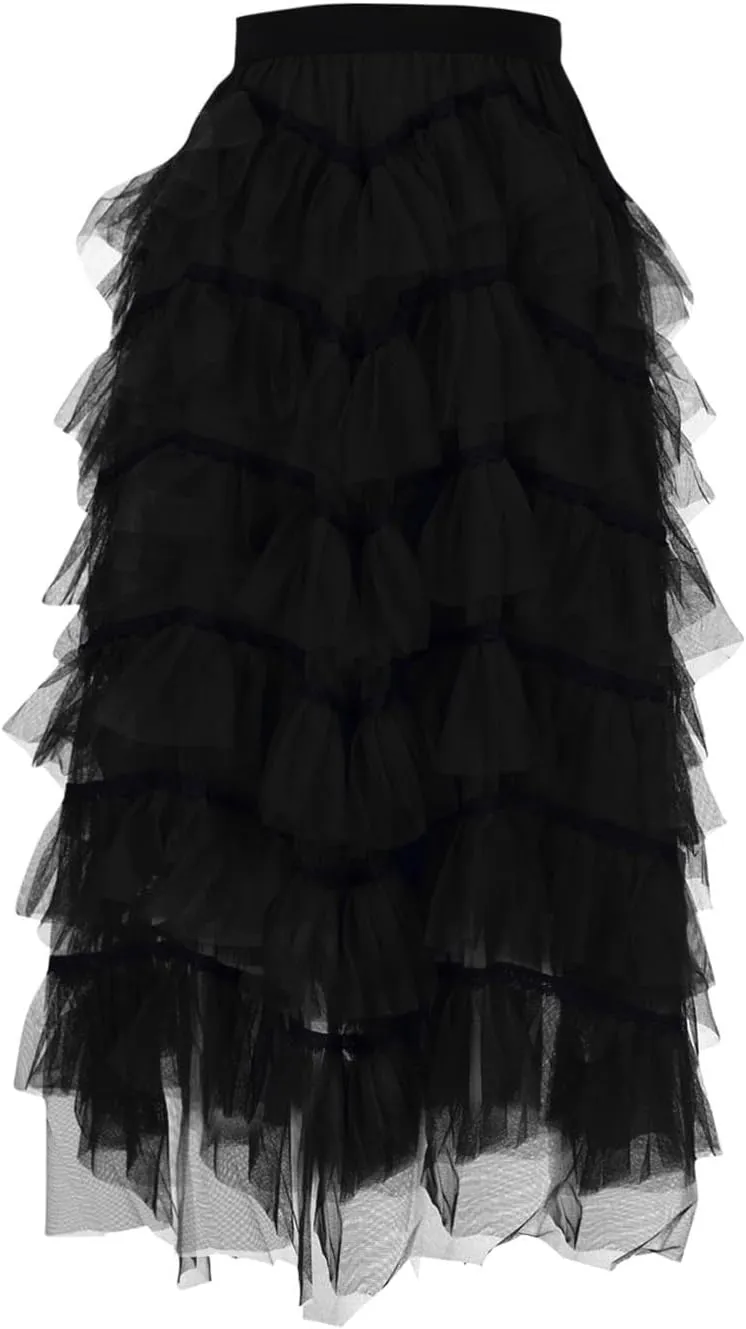 Women's Tulle Skirts Maxi Elastic Waist Cake Layered Ruffles Mesh Long Tiered Skirt Flowy A-Line Party Tutu Skirts