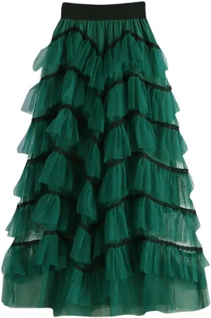 Women's Tulle Skirts Maxi Elastic Waist Cake Layered Ruffles Mesh Long Tiered Skirt Flowy A-Line Party Tutu Skirts