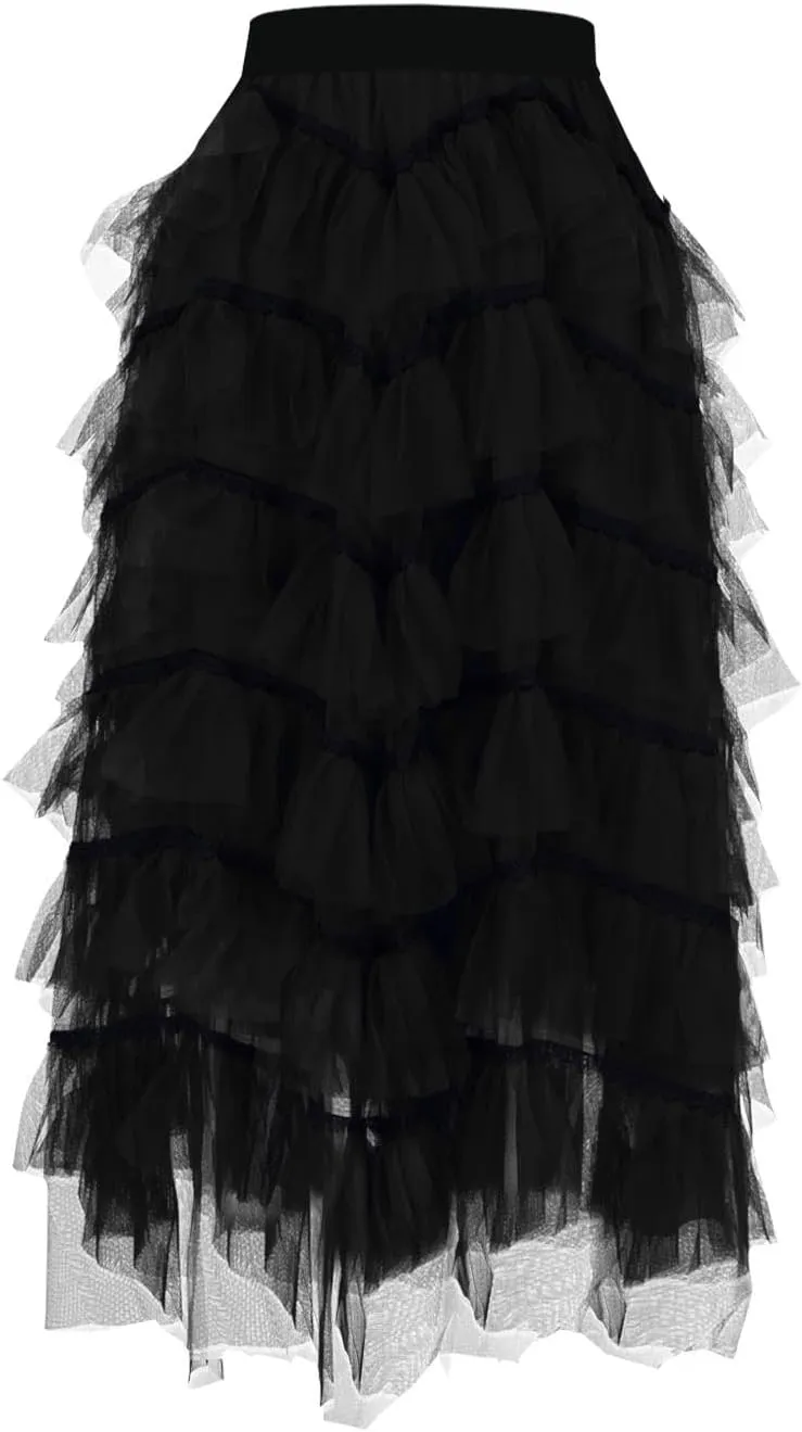 Women's Tulle Skirts Maxi Elastic Waist Cake Layered Ruffles Mesh Long Tiered Skirt Flowy A-Line Party Tutu Skirts