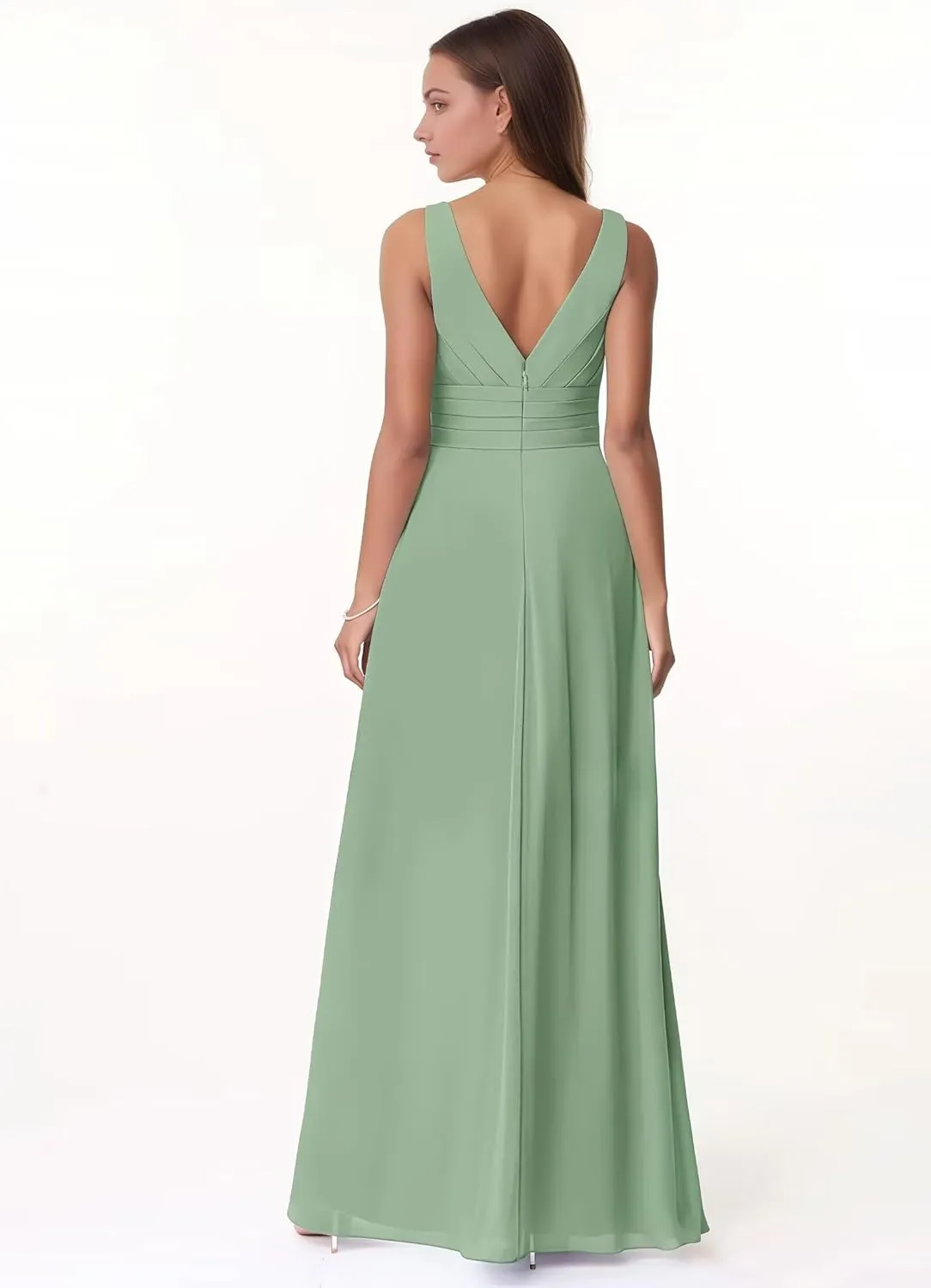 Women's V Neck Chiffon Bridesmaid Dresses with Ruffles Long A-line Pleated Formal Evening Gowns with Pockets