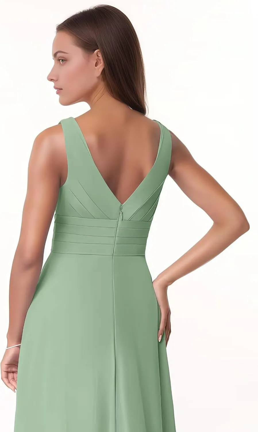 Women's V Neck Chiffon Bridesmaid Dresses with Ruffles Long A-line Pleated Formal Evening Gowns with Pockets