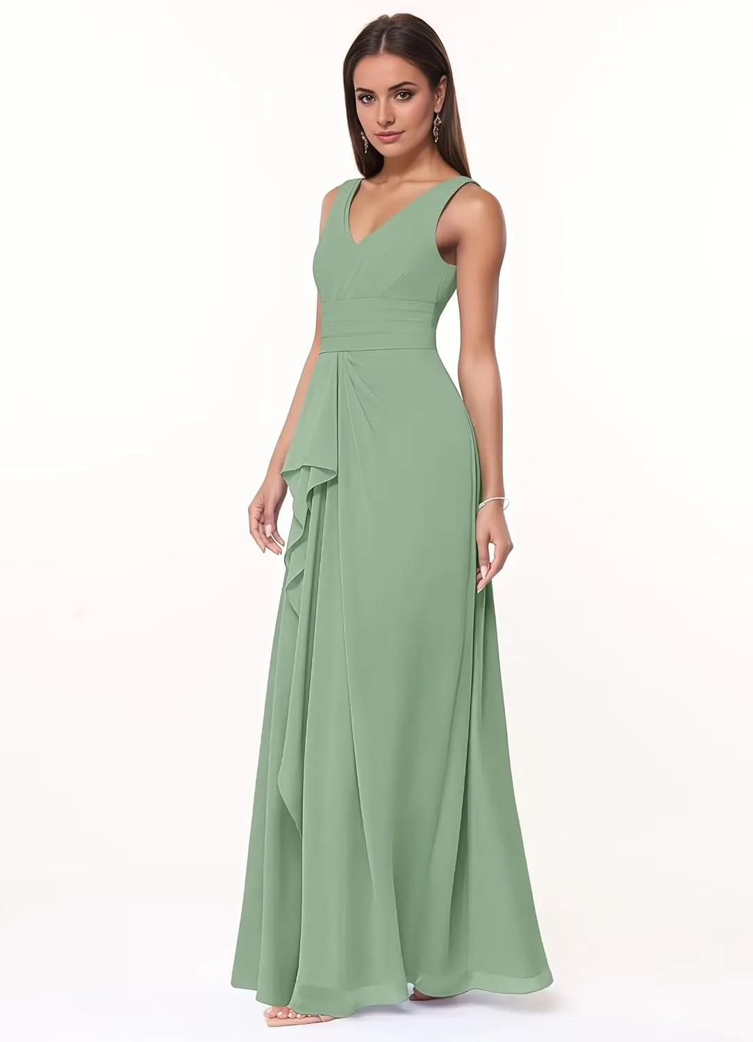 Women's V Neck Chiffon Bridesmaid Dresses with Ruffles Long A-line Pleated Formal Evening Gowns with Pockets