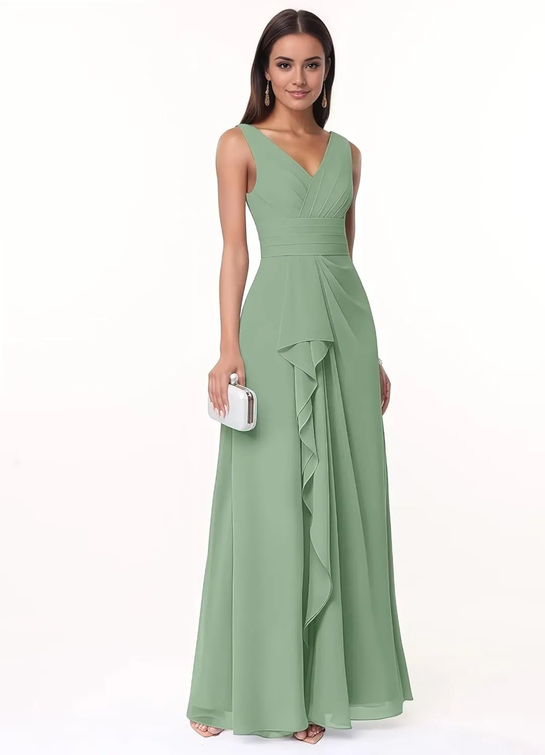 Women's V Neck Chiffon Bridesmaid Dresses with Ruffles Long A-line Pleated Formal Evening Gowns with Pockets