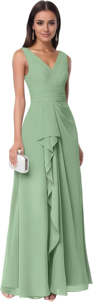 Women's V Neck Chiffon Bridesmaid Dresses with Ruffles Long A-line Pleated Formal Evening Gowns with Pockets