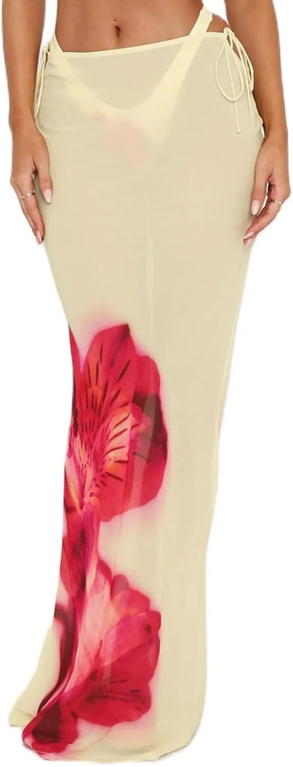 Women's Y2K Sheer Mesh Long Maxi Skirts Mid Waisted Cover Up See-Through Summer Skirts Beach Flowy Tulle Skirts