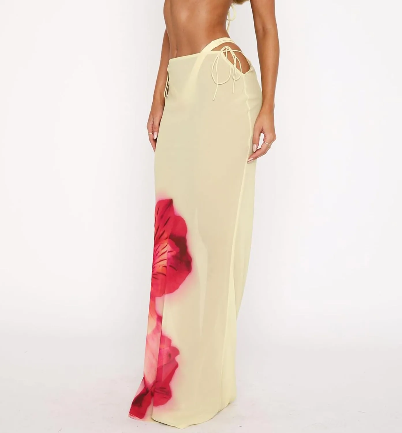 Women's Y2K Sheer Mesh Long Maxi Skirts Mid Waisted Cover Up See-Through Summer Skirts Beach Flowy Tulle Skirts