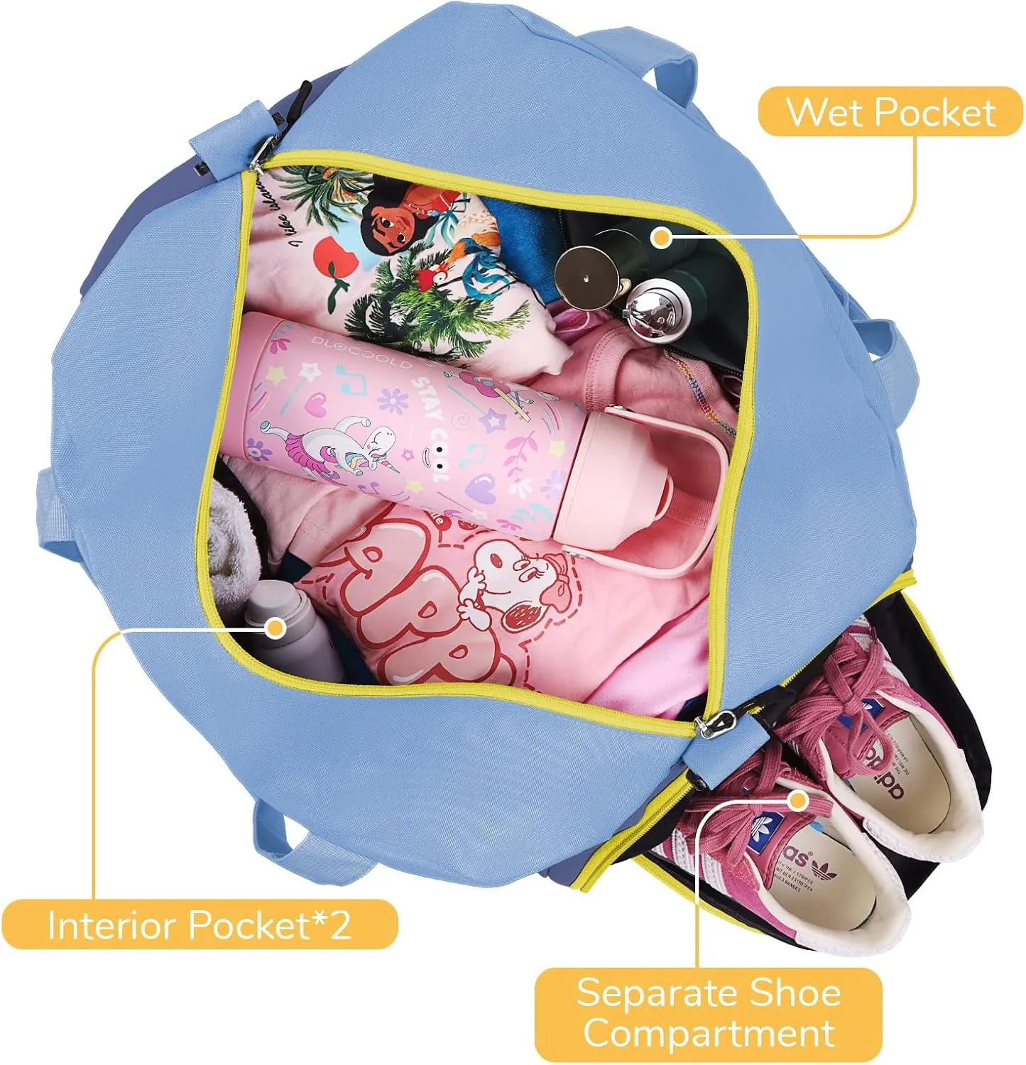 WOOMADA Travel Duffle Bag, Weekend Bag with Wet Pocket & Trolley Sleeve, Overnight Bag With Shoe Compartment, Fit for Sports Practice, Travel and Gifts(sky blue)