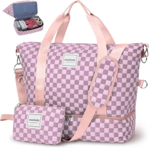 WOOMADA Weekender Bag for Women Travel, Overnight Bag with Shoe Compartment,Personal Item Travel Bag with Toiletry Bag(pink checkerboard)