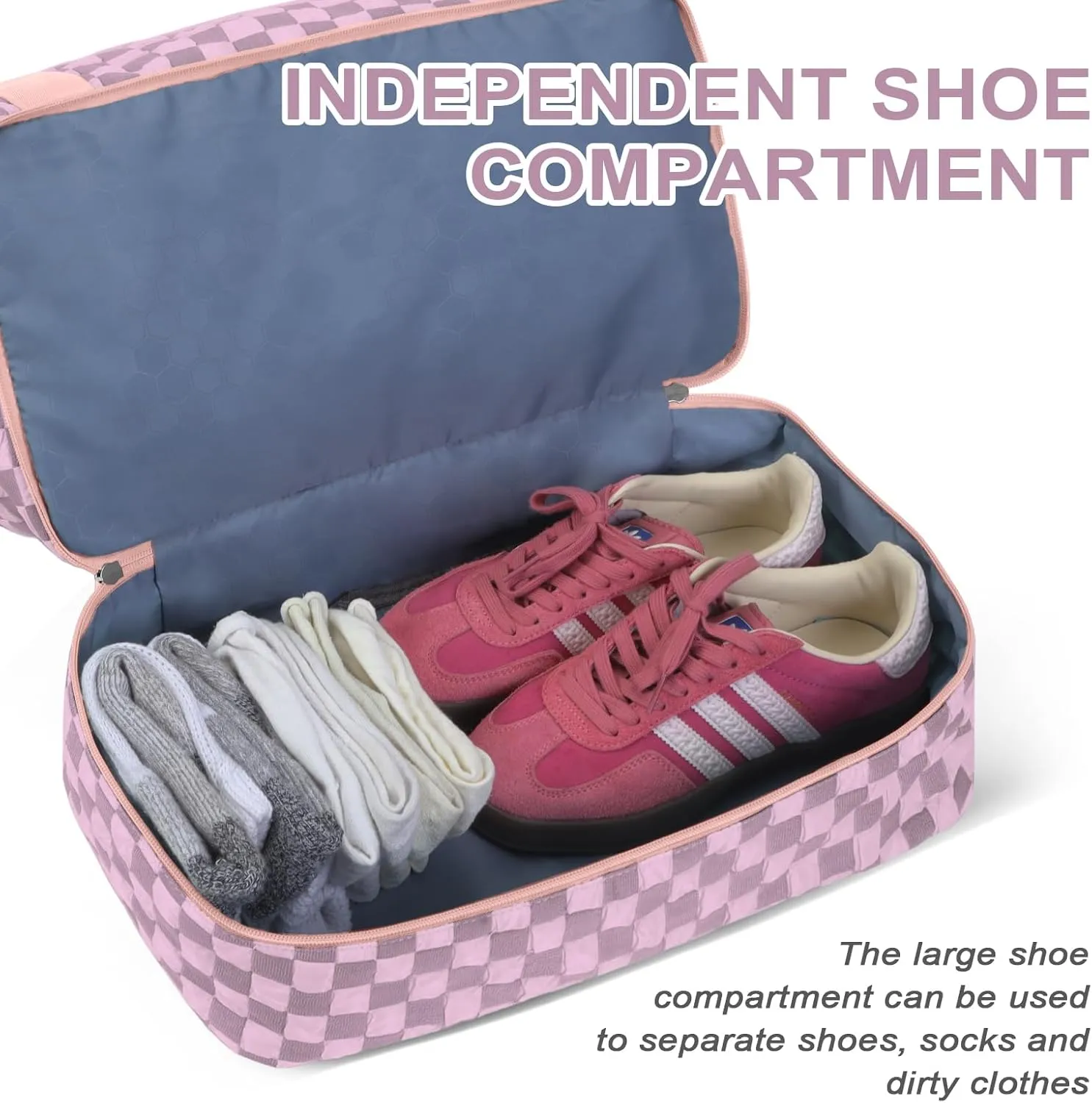 WOOMADA Weekender Bag for Women Travel, Overnight Bag with Shoe Compartment,Personal Item Travel Bag with Toiletry Bag(pink checkerboard)
