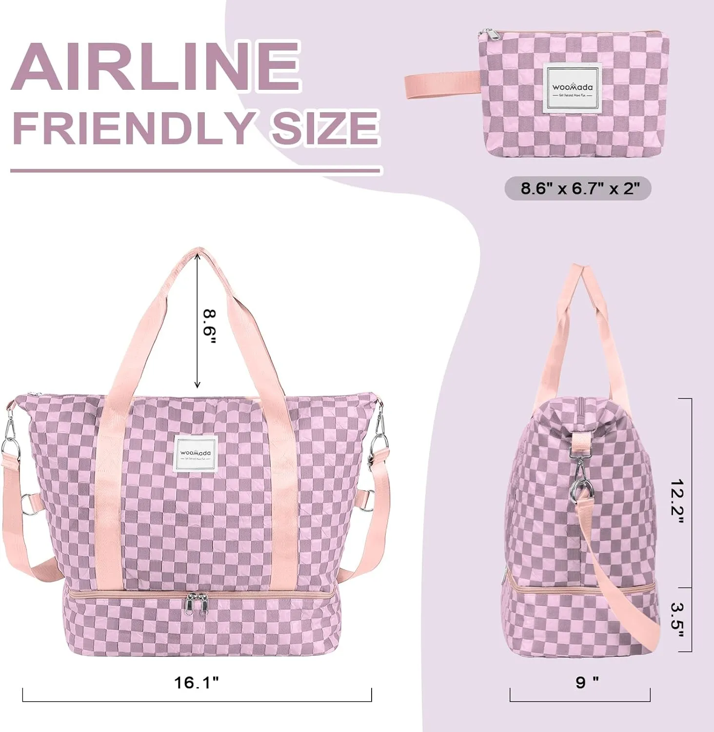WOOMADA Weekender Bag for Women Travel, Overnight Bag with Shoe Compartment,Personal Item Travel Bag with Toiletry Bag(pink checkerboard)