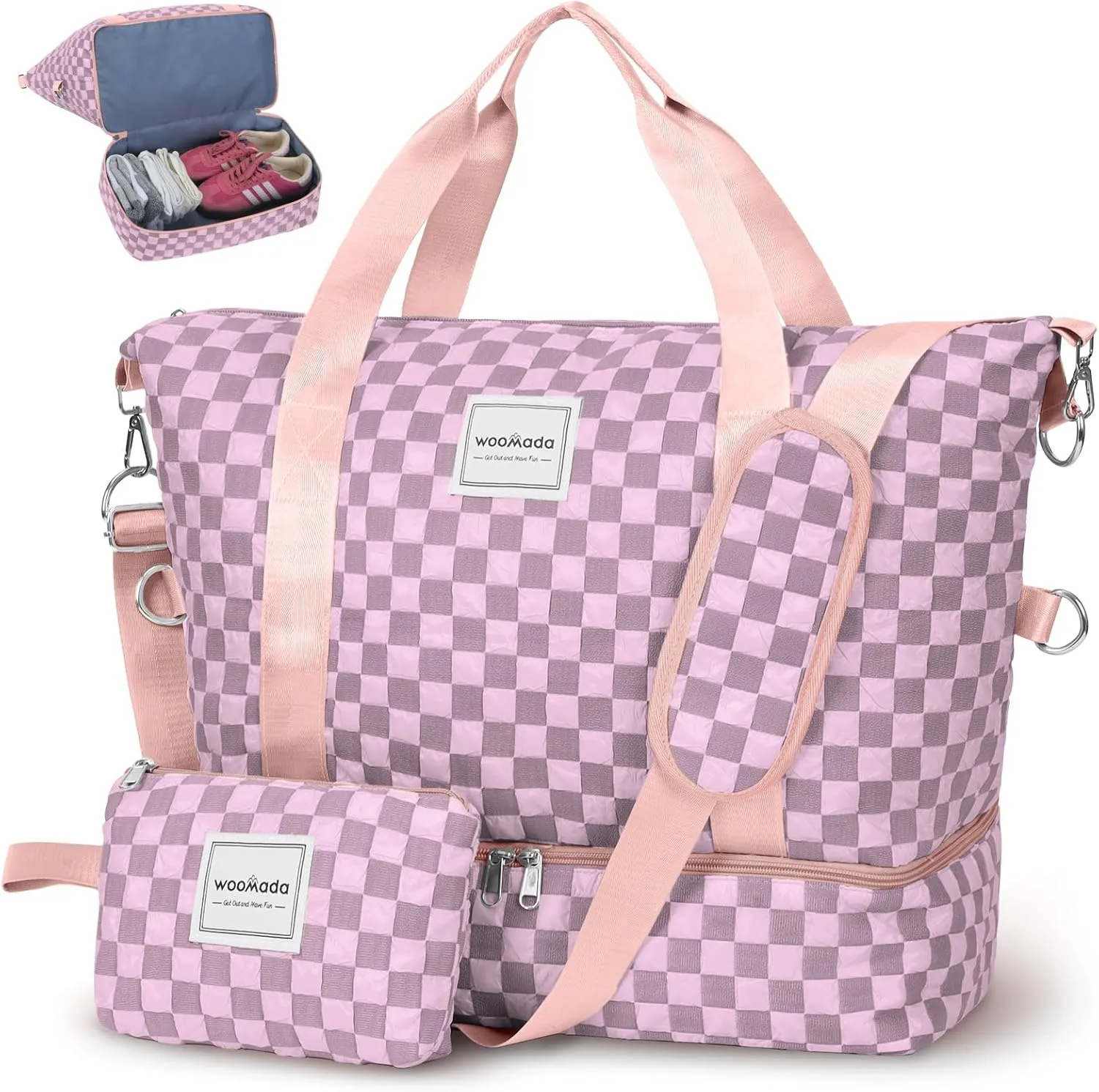 WOOMADA Weekender Bag for Women Travel, Overnight Bag with Shoe Compartment,Personal Item Travel Bag with Toiletry Bag(pink checkerboard)