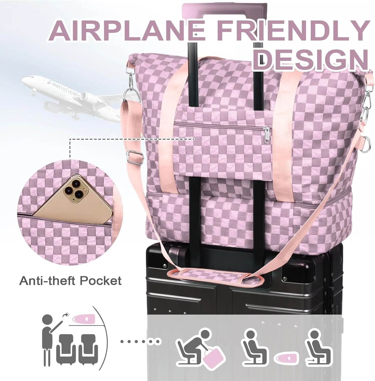 WOOMADA Weekender Bag for Women Travel, Overnight Bag with Shoe Compartment,Personal Item Travel Bag with Toiletry Bag(pink checkerboard)