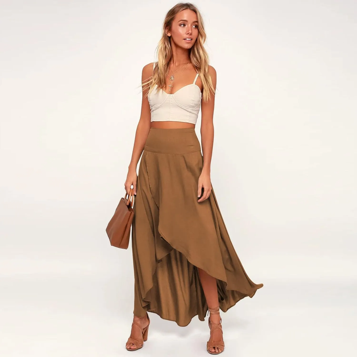 Wuitrie Long Skirts for Women Trendy High Elastic Waist Maxi Skirts Flowy Ruffle Irregular Pleated Slit Skirts