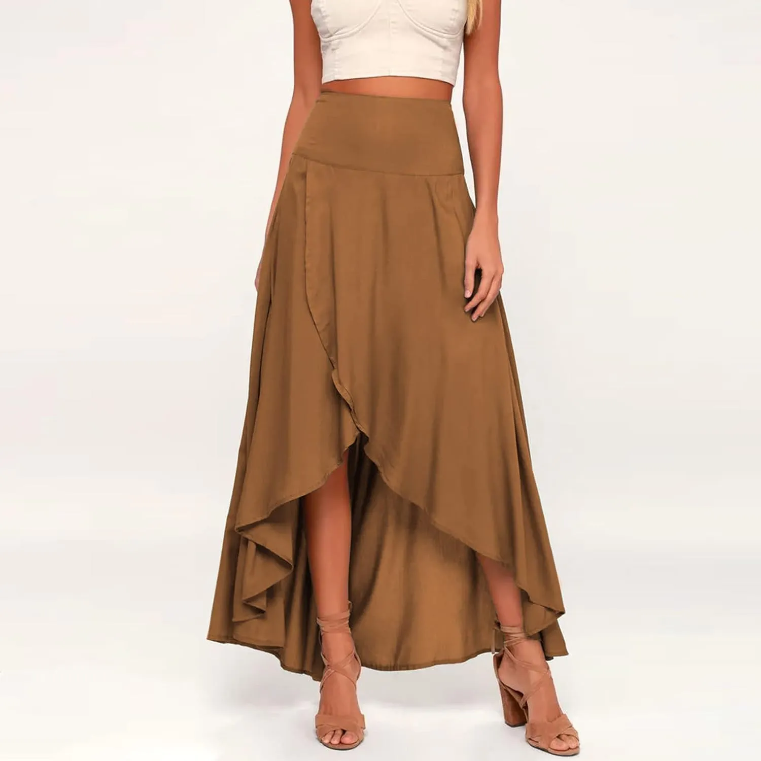 Wuitrie Long Skirts for Women Trendy High Elastic Waist Maxi Skirts Flowy Ruffle Irregular Pleated Slit Skirts