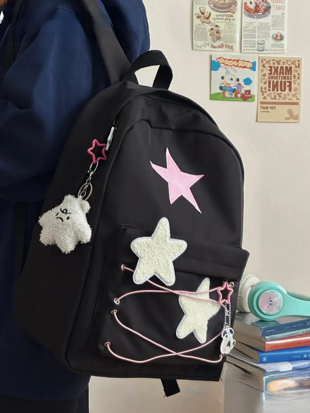 Y2K Backpack Star Backpack Preppy Backpack Cute Aesthetic Backpack Women College y2k Accessories (Black)