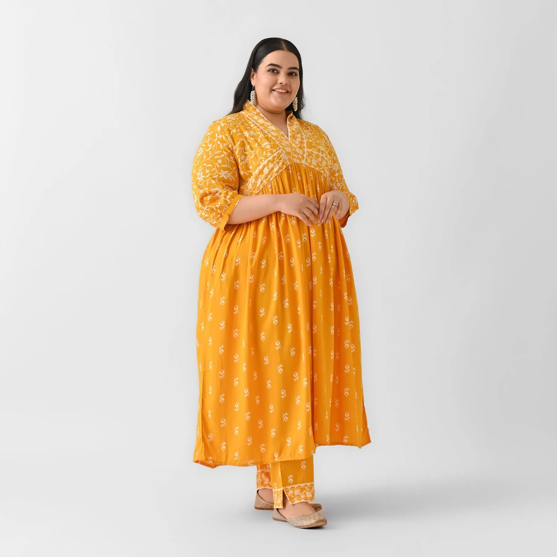 Yellow Rayon Floral Jaal V-Neck 2-Piece Kurta Set (Plus)