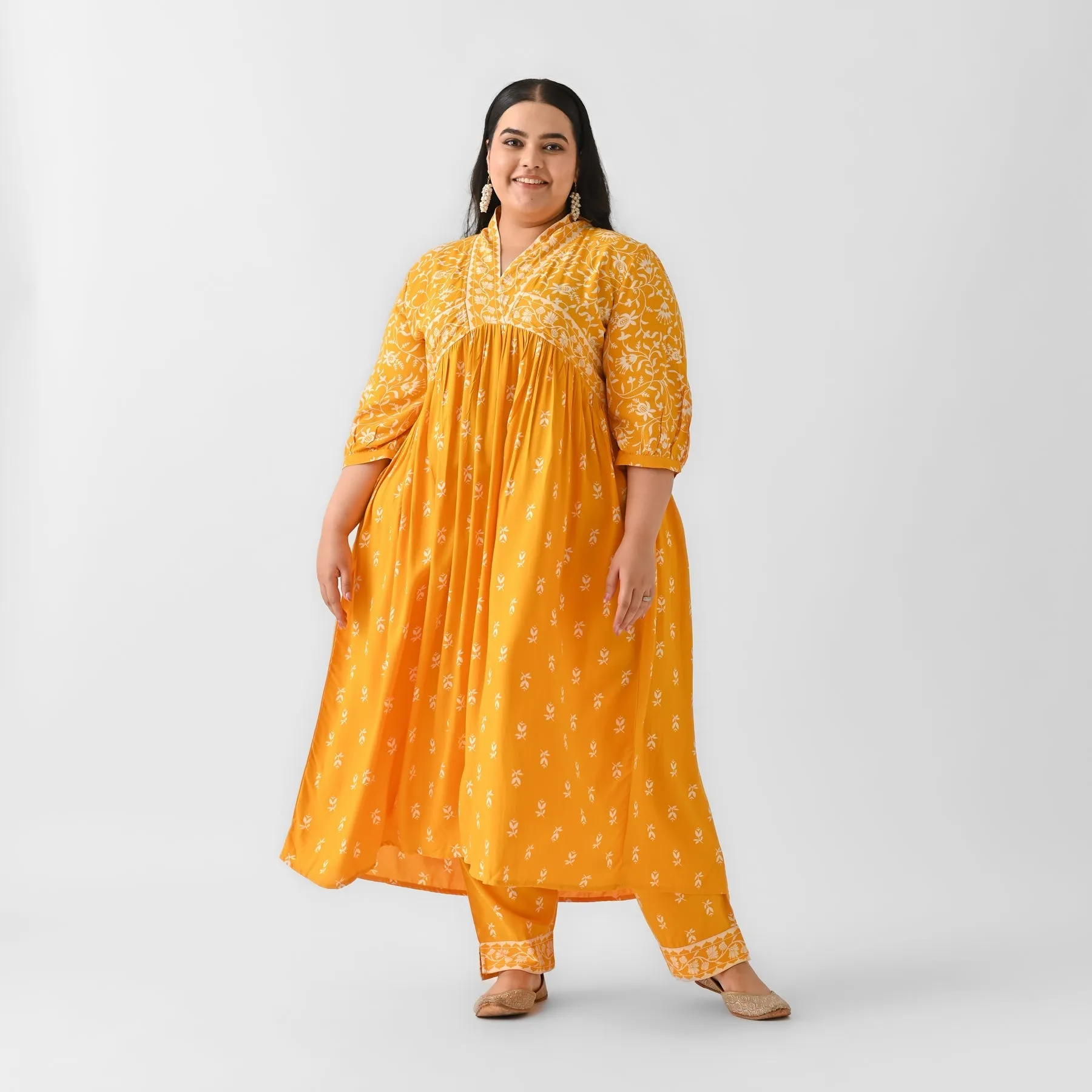 Yellow Rayon Floral Jaal V-Neck 2-Piece Kurta Set (Plus)