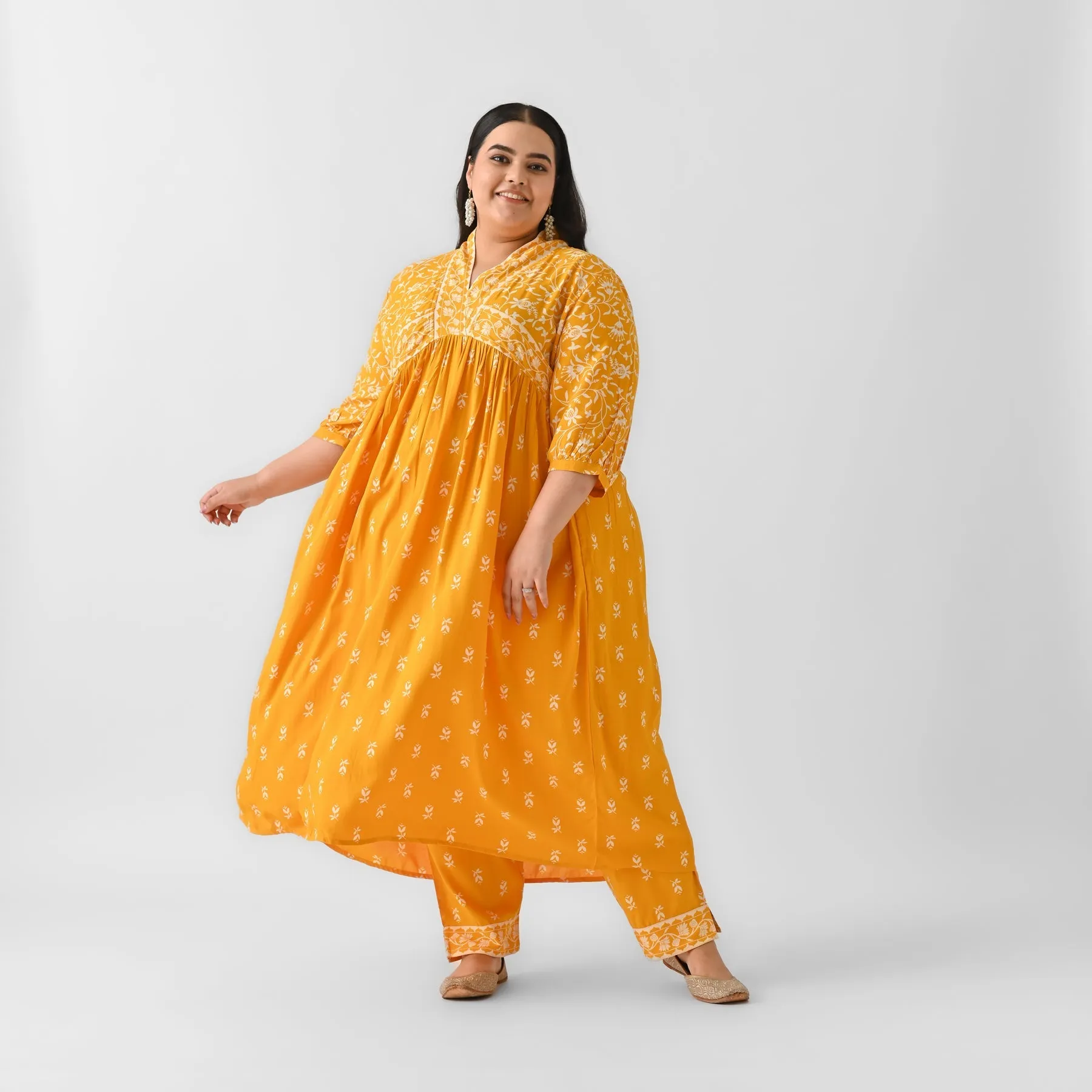 Yellow Rayon Floral Jaal V-Neck 2-Piece Kurta Set (Plus)