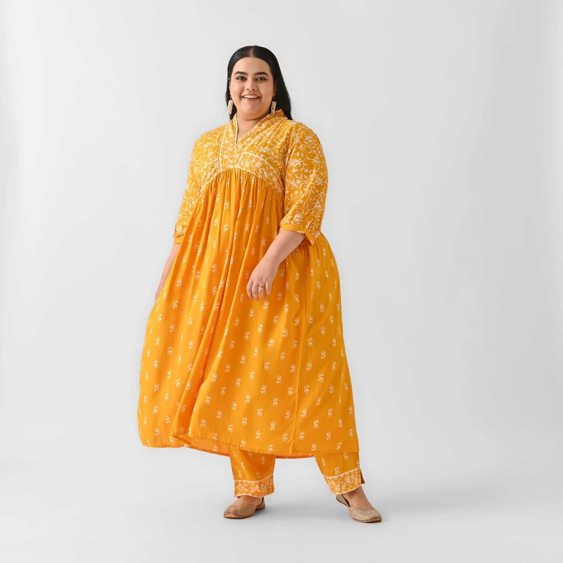 Yellow Rayon Floral Jaal V-Neck 2-Piece Kurta Set (Plus)