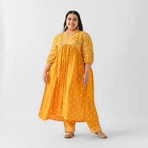 Yellow Rayon Floral Jaal V-Neck 2-Piece Kurta Set (Plus)