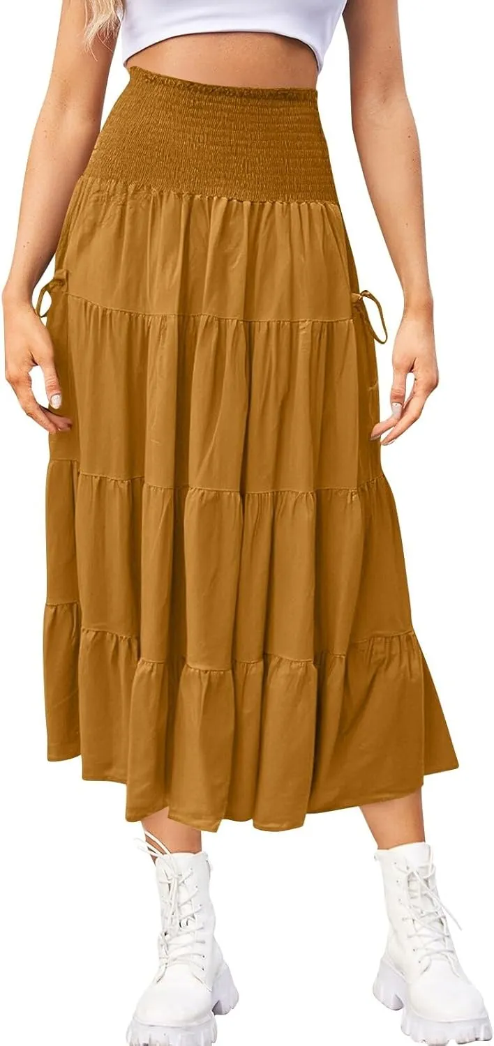 Yesunpxs Womens Tiered Maxi Skirt with Pockets Flowy Boho Elastic High Waisted Skirt Summer Beach Vacation Smocked Tube Dress