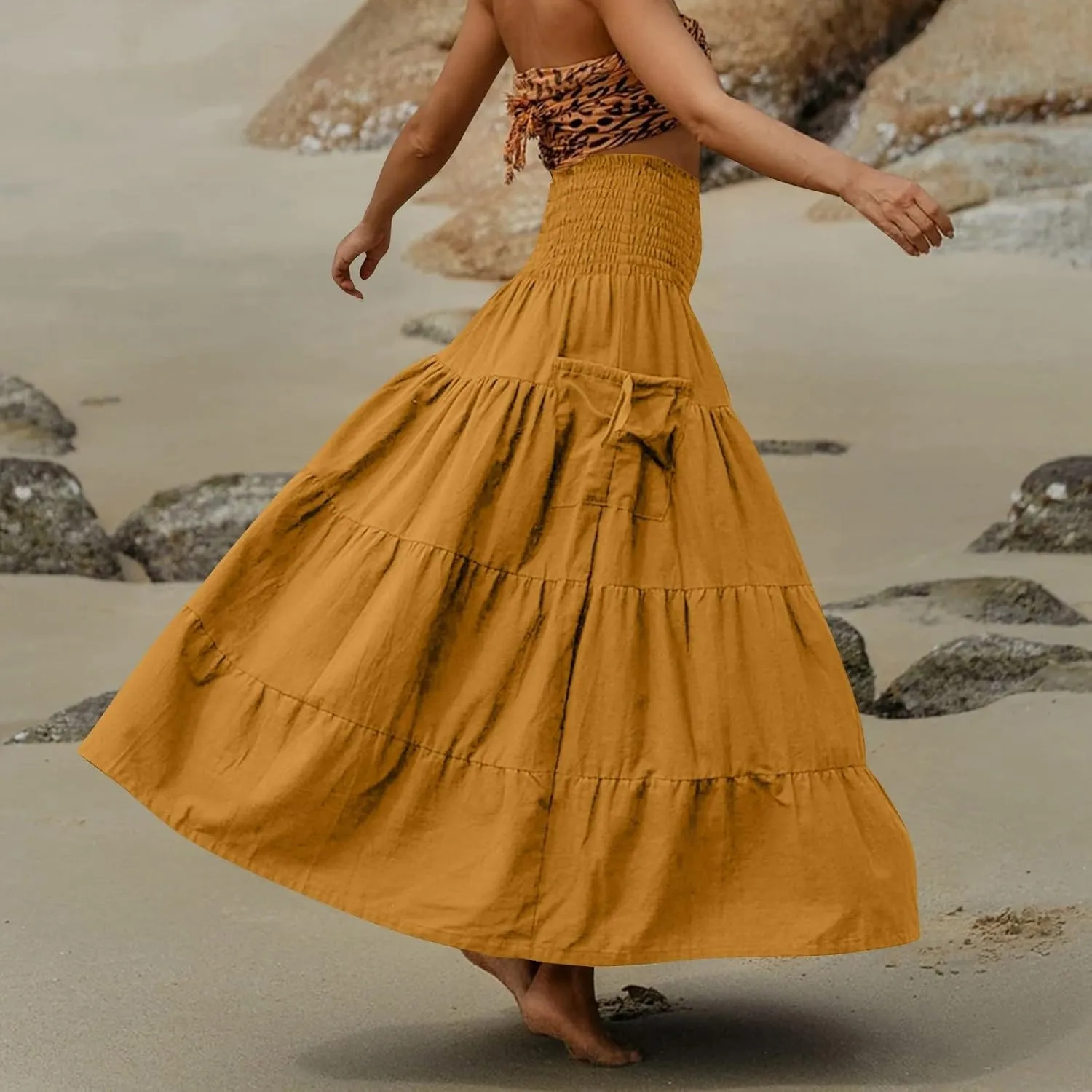 Yesunpxs Womens Tiered Maxi Skirt with Pockets Flowy Boho Elastic High Waisted Skirt Summer Beach Vacation Smocked Tube Dress