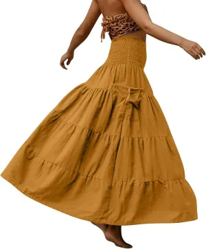 Yesunpxs Womens Tiered Maxi Skirt with Pockets Flowy Boho Elastic High Waisted Skirt Summer Beach Vacation Smocked Tube Dress