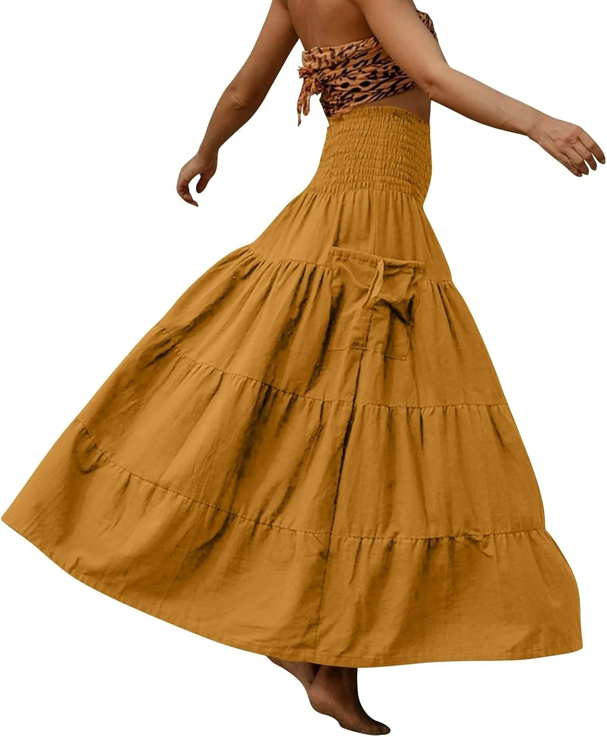 Yesunpxs Womens Tiered Maxi Skirt with Pockets Flowy Boho Elastic High Waisted Skirt Summer Beach Vacation Smocked Tube Dress