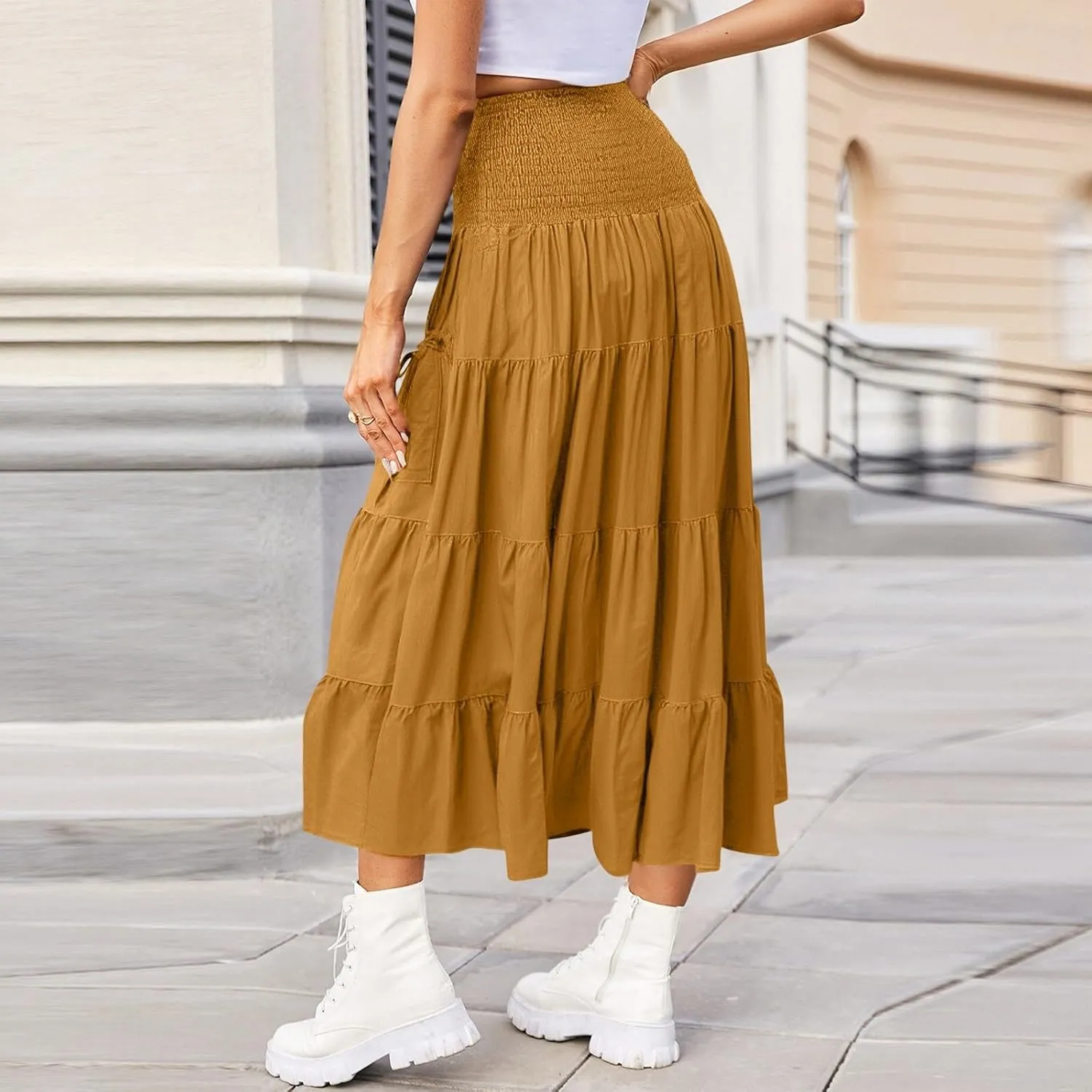 Yesunpxs Womens Tiered Maxi Skirt with Pockets Flowy Boho Elastic High Waisted Skirt Summer Beach Vacation Smocked Tube Dress